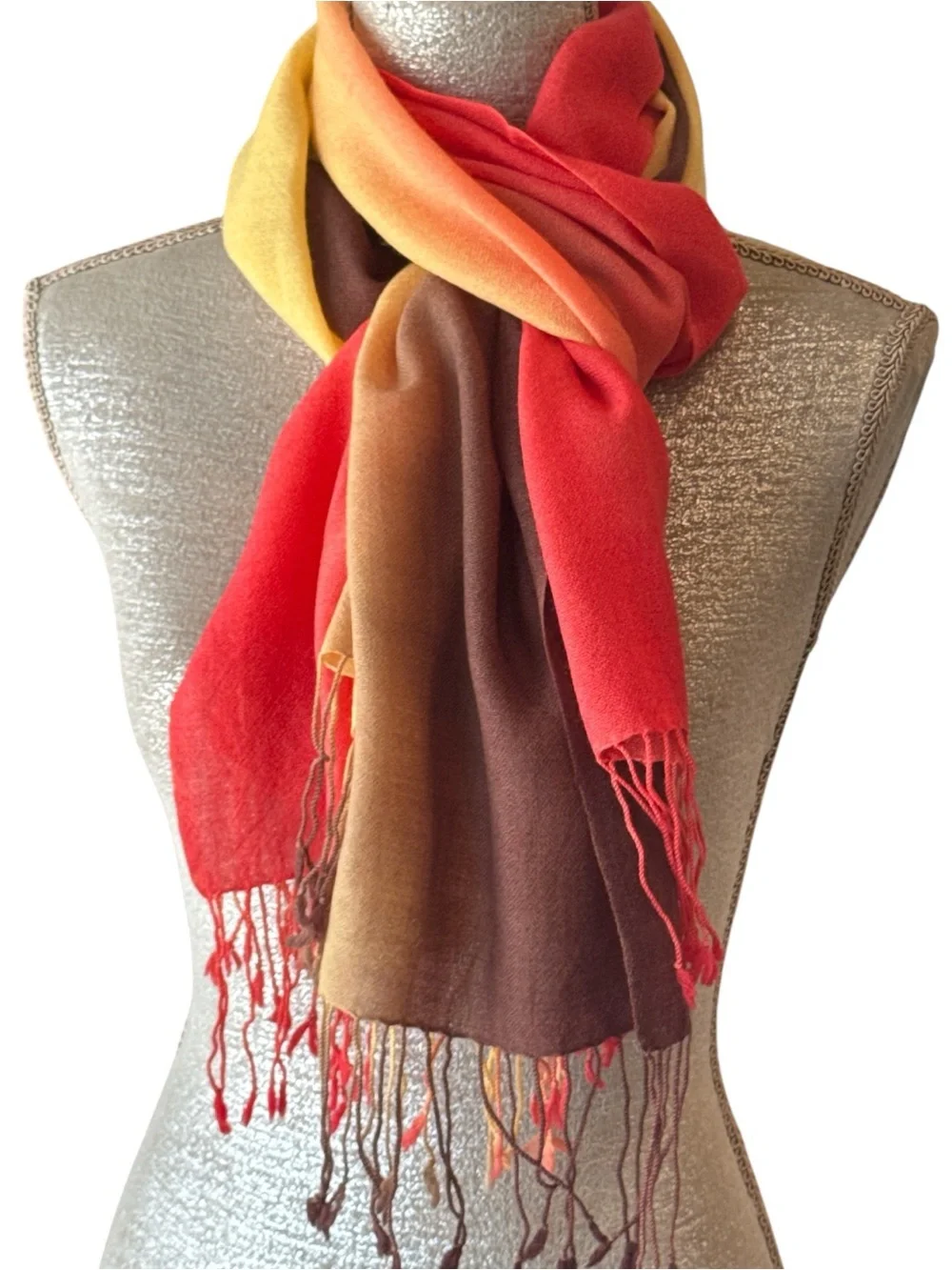 100% Pashmina Brown Yellow Orange Fall Ombré Fringe Scarf OS